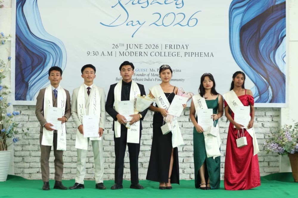 Winners of the Mr and Ms Fresher 2026 competition pose for a photograph during Modern College, Piphema's Freshers' Day celebration held at the college indoor stadium on June 26.
